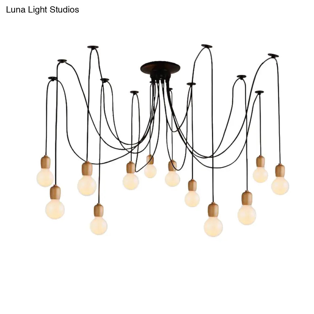 Industrial Wood Swag Pendant Lamp With Exposed Bulb - Black Finish 8/12 Lights For Dining Room