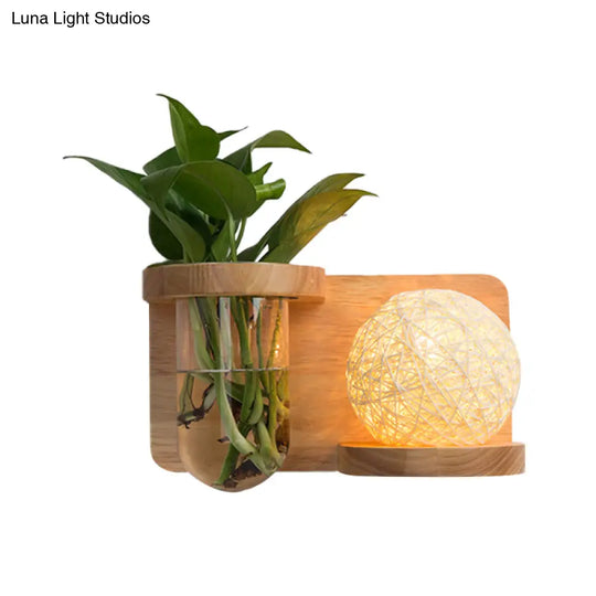 Industrial Wood Opal Glass Led Wall Sconce - 1 Head Barrel/Globe Light Fixture For Living Room