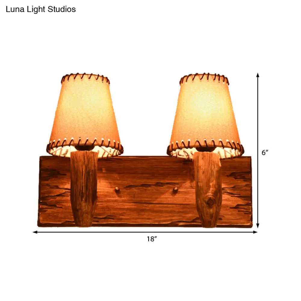 Industrial Wood Sconce Light Fixture For Dining Room - 1/2-Light Tapered Wall Lamp With Fabric Shade