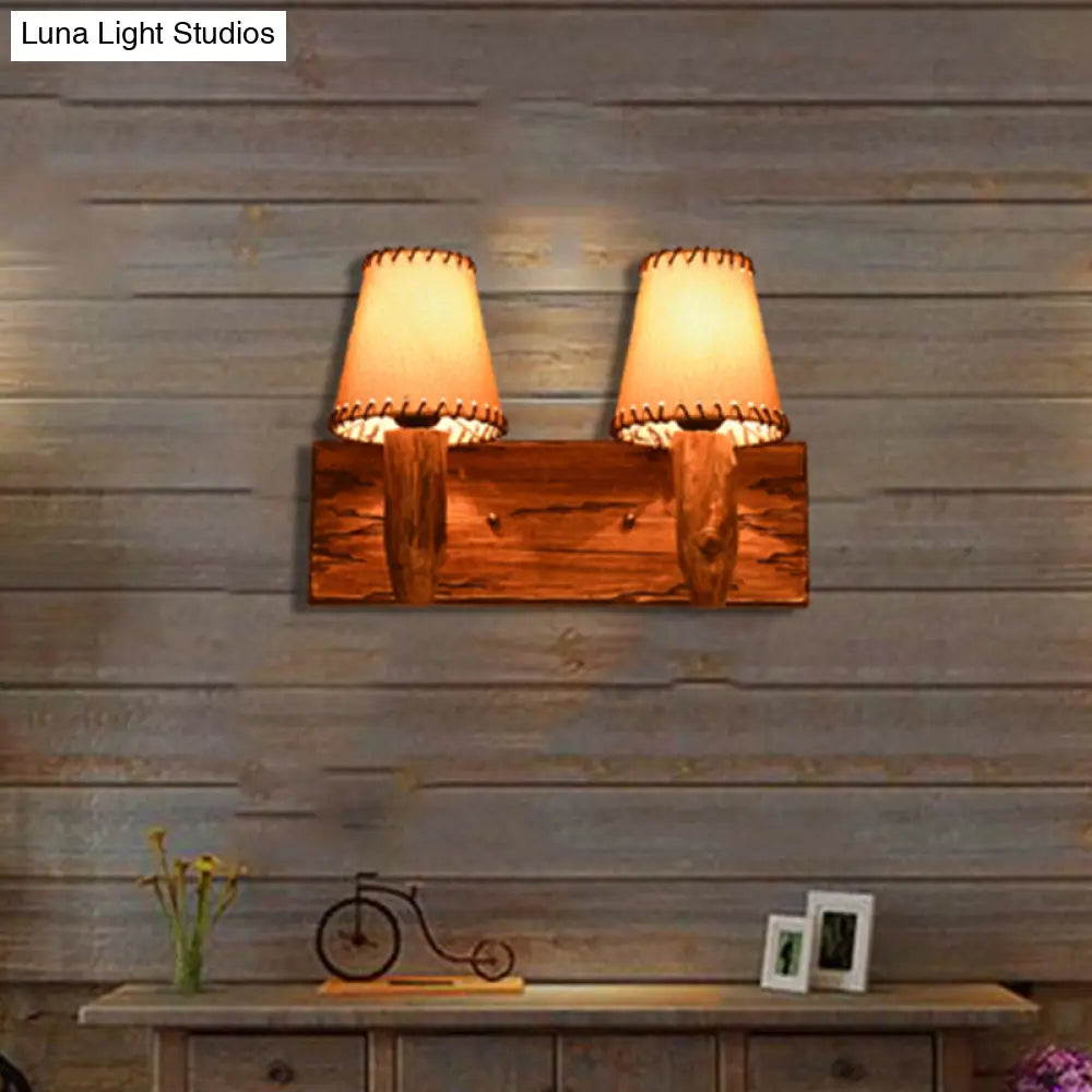 Industrial Wood Sconce Light Fixture For Dining Room - 1/2-Light Tapered Wall Lamp With Fabric Shade