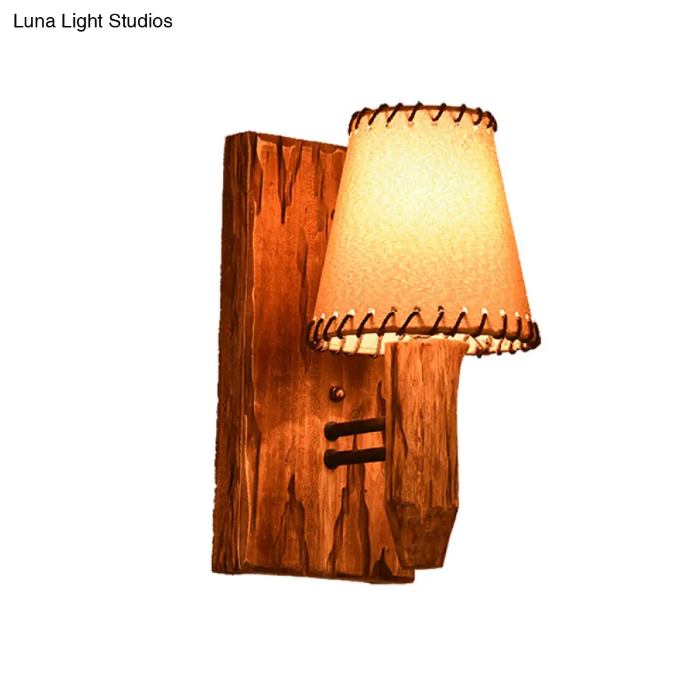 Industrial Wood Sconce Light Fixture For Dining Room - 1/2-Light Tapered Wall Lamp With Fabric Shade