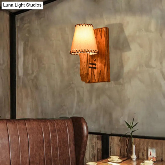 Industrial Wood Sconce Light Fixture For Dining Room - 1/2-Light Tapered Wall Lamp With Fabric Shade