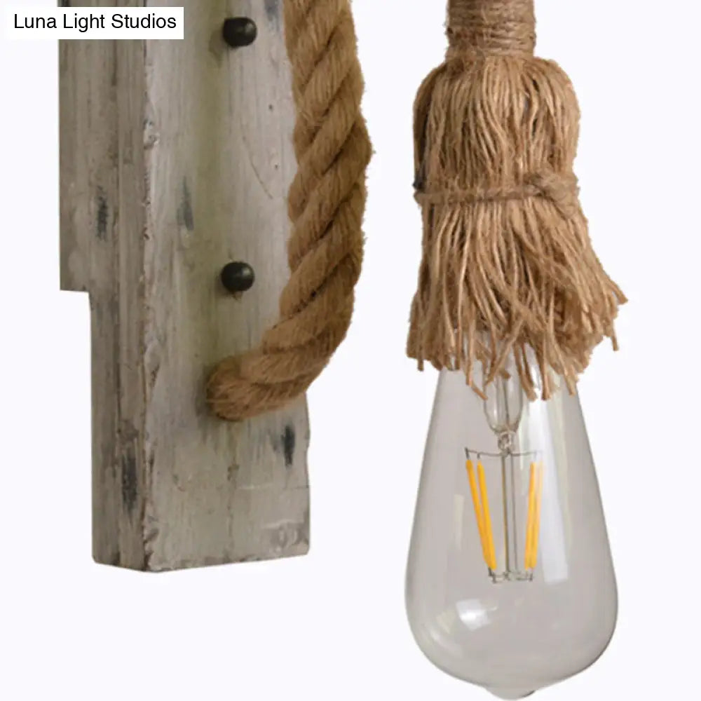 Industrial Wood Wall Lamp With Rope Cord - Grey Finish