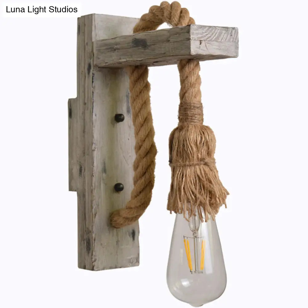 Industrial Wood Wall Lamp With Rope Cord - Grey Finish