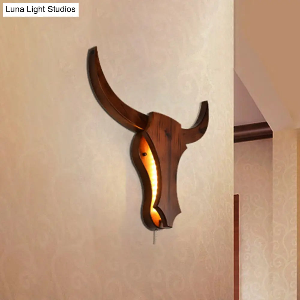 Industrial Wooden Bull Sconce Light For Dining Room - 16/19.5 W Brown Finish