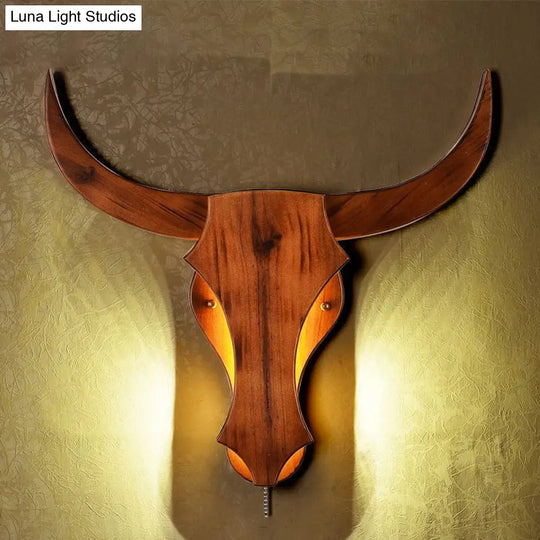 Industrial Wooden Bull Sconce Light For Dining Room - 16/19.5 W Brown Finish