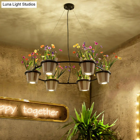 Industrial Wooden Ceiling Chandelier - Round Pendant With Potted Plant In Black 3/6/9 Lights