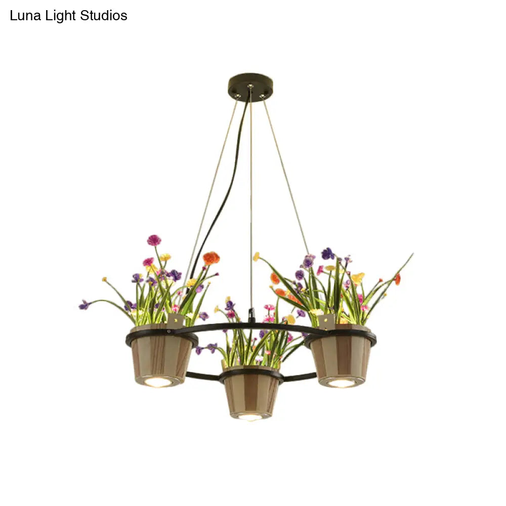 Industrial Wooden Ceiling Chandelier - Round Pendant With Potted Plant In Black 3/6/9 Lights