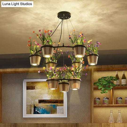 Industrial Wooden Round Ceiling Chandelier With 3/6/9 Black Pendant Lights And Potted Plant Décor 9