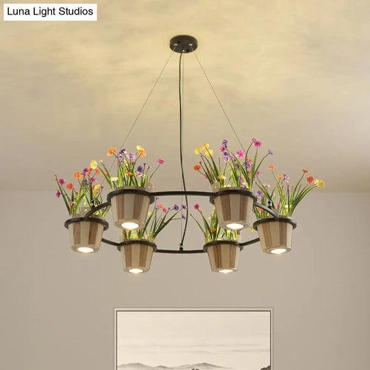 Industrial Wooden Round Ceiling Chandelier With 3/6/9 Black Pendant Lights And Potted Plant Décor