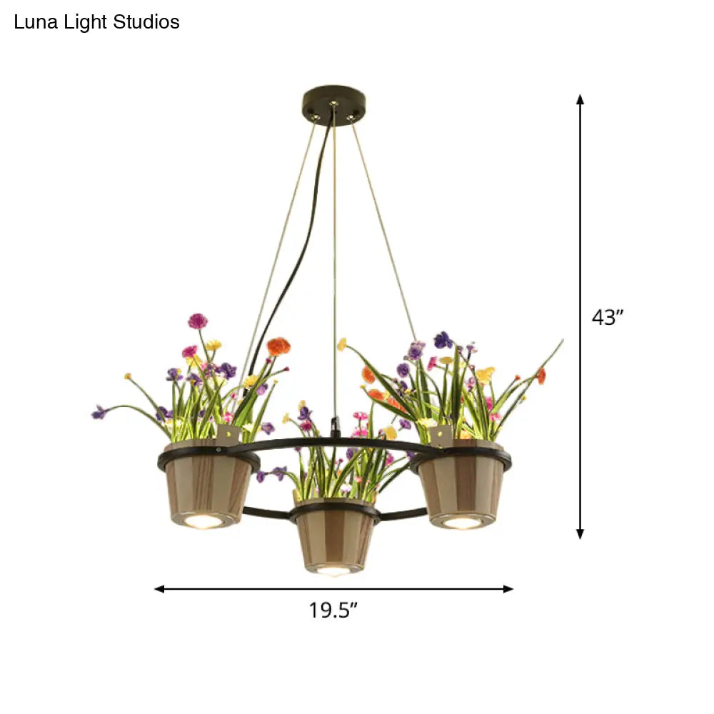 Industrial Wooden Ceiling Chandelier - Round Pendant With Potted Plant In Black 3/6/9 Lights