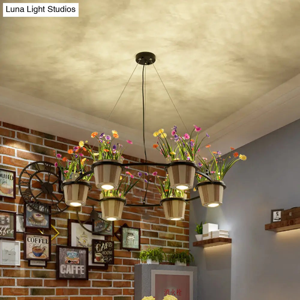 Industrial Wooden Round Ceiling Chandelier With 3/6/9 Black Pendant Lights And Potted Plant Décor 6