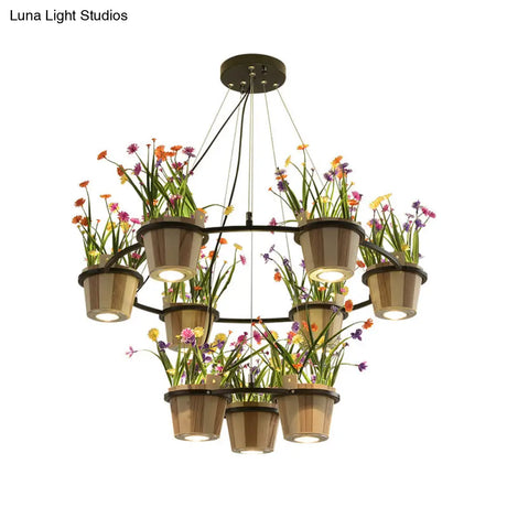 Industrial Wooden Ceiling Chandelier - Round Pendant With Potted Plant In Black 3/6/9 Lights