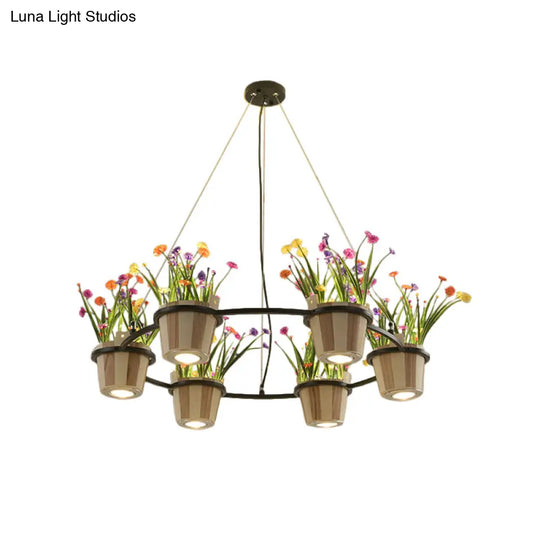 Industrial Wooden Ceiling Chandelier - Round Pendant With Potted Plant In Black 3/6/9 Lights