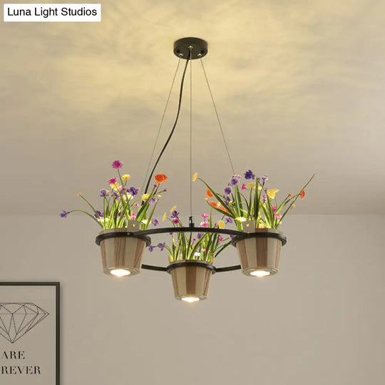 Industrial Wooden Round Ceiling Chandelier With 3/6/9 Black Pendant Lights And Potted Plant Décor