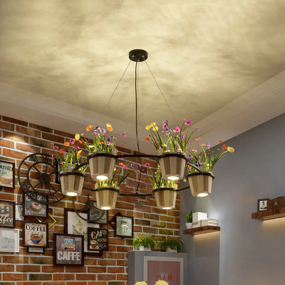 Industrial Wooden Ceiling Chandelier - Round Pendant With Potted Plant In Black 3/6/9 Lights 6 /