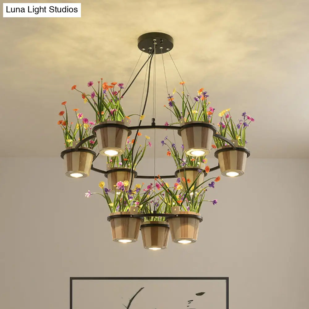 Industrial Wooden Round Ceiling Chandelier With 3/6/9 Black Pendant Lights And Potted Plant Décor