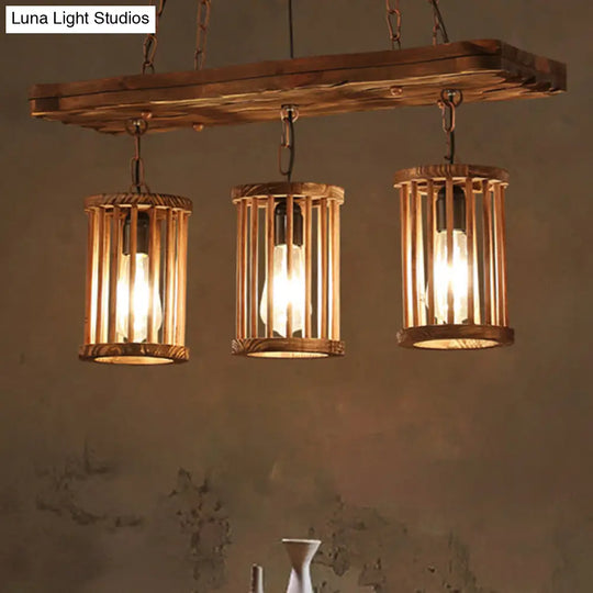 Industrial Wooden Chandelier With Cylinder Shades - 2/3 Light Ceiling Lamp For Dining Room