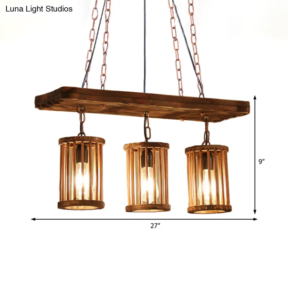 Industrial Wooden Chandelier With Cylinder Shades - 2/3 Light Ceiling Lamp For Dining Room