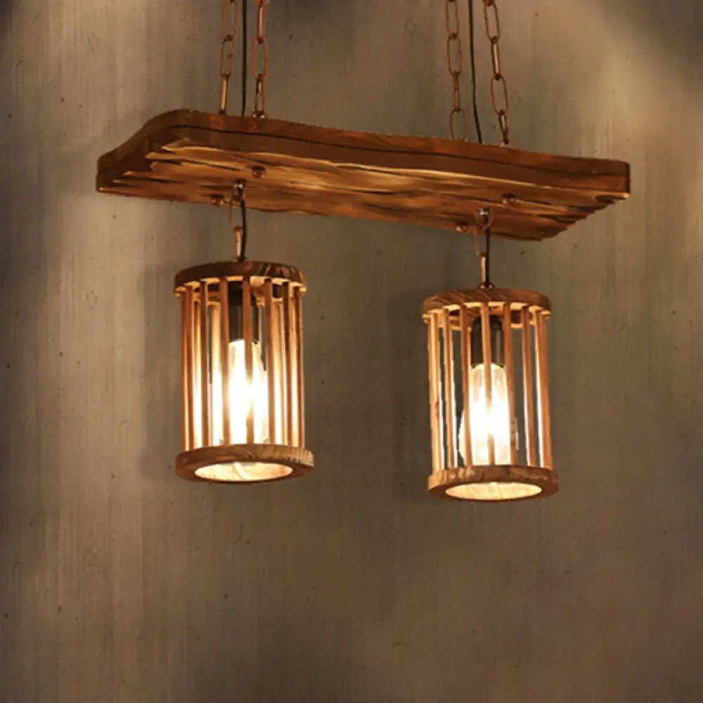 Industrial Wooden Chandelier With Cylinder Shades - 2/3 Light Ceiling Lamp For Dining Room 2 / Wood