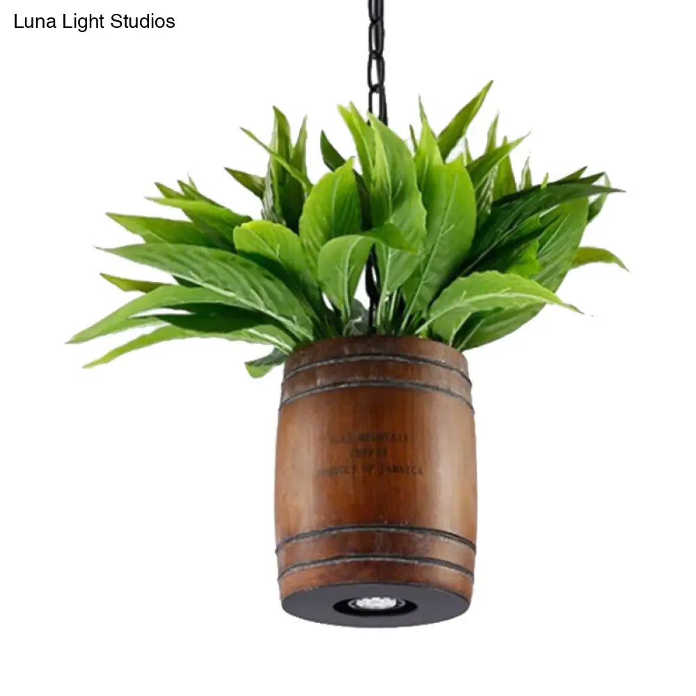 Industrial Brown Wooden Ceiling Pendant With Plant - 1 Head Barrel Suspension Lamp For Restaurants