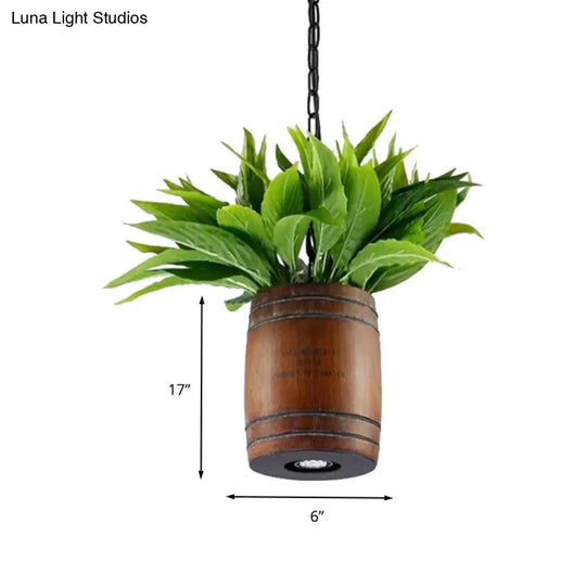Industrial Brown Wooden Ceiling Pendant With Plant - 1 Head Barrel Suspension Lamp For Restaurants
