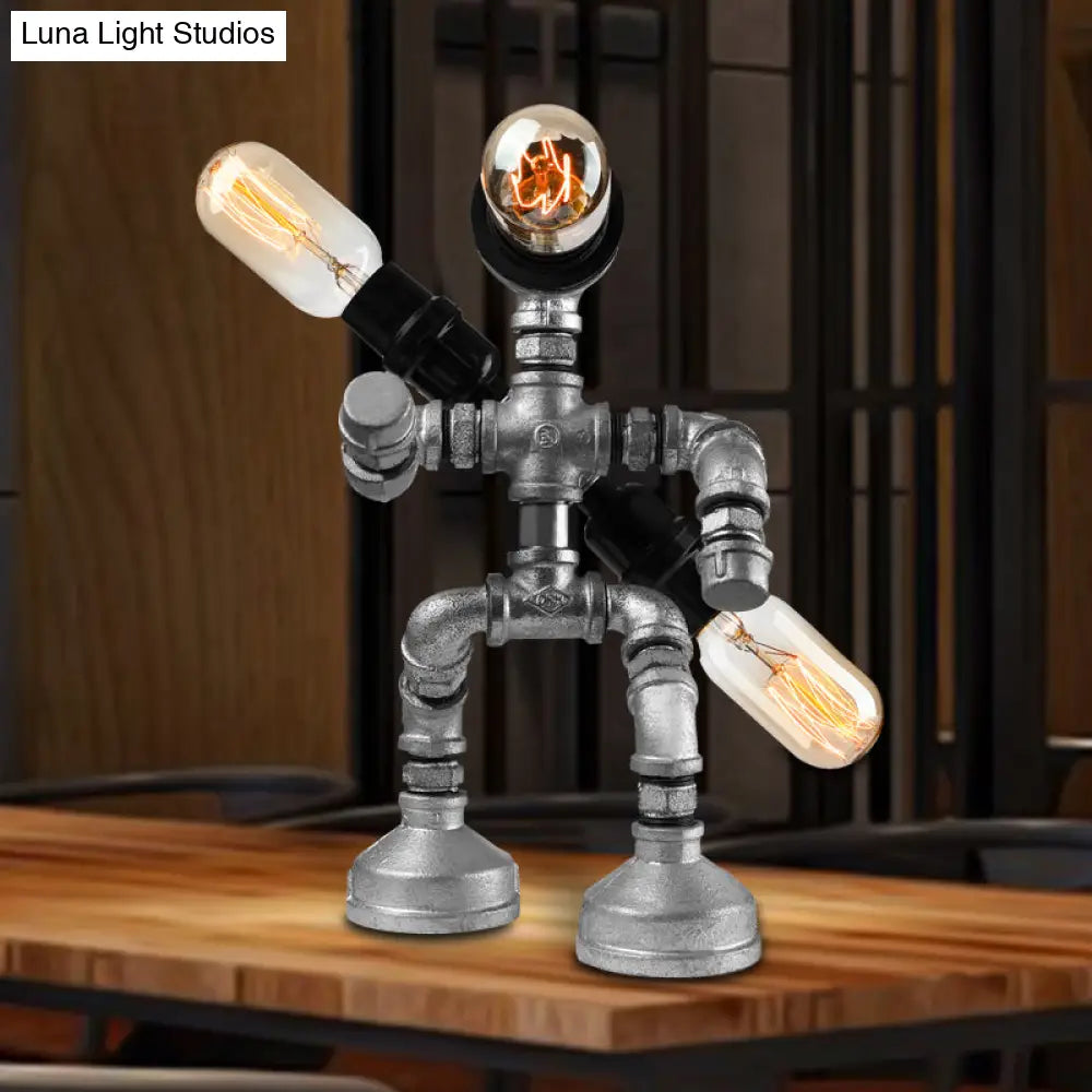 Industrial Wrought Iron Robot Design Table Lamp - Water Pipe 1/3-Bulb Bedroom Standing Light