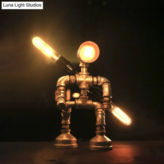 Industrial Wrought Iron Robot Design Table Lamp - Water Pipe 1/3-Bulb Bedroom Standing Light