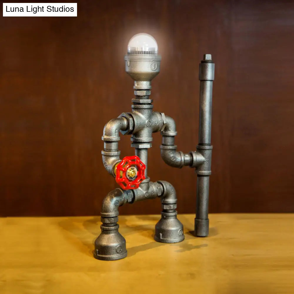 Industrial Wrought Iron Robot Table Lamp With Pipe Design - Silver Finish 1 Bulb