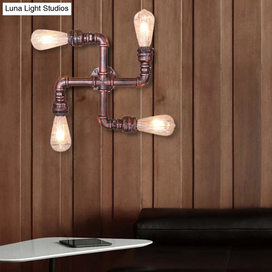 Industrial Wrought Iron Sconce Lamp With Exposed Bulb - Antique Copper Finish 4 Lights Perfect For