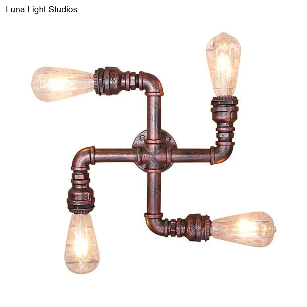 Industrial Wrought Iron Sconce Lamp With Exposed Bulb - Antique Copper Finish 4 Lights Perfect For