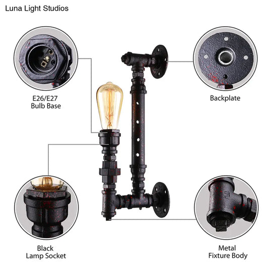 Industrial Wrought Iron Wall Sconce With Bronze Finish & Water Pipe - 1-Light Indoor Lighting