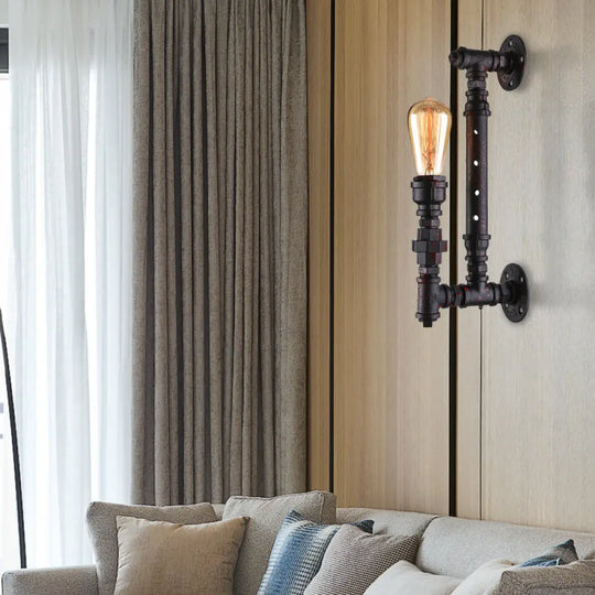 Industrial Wrought Iron Wall Sconce With Bronze Finish & Water Pipe - 1-Light Indoor Lighting