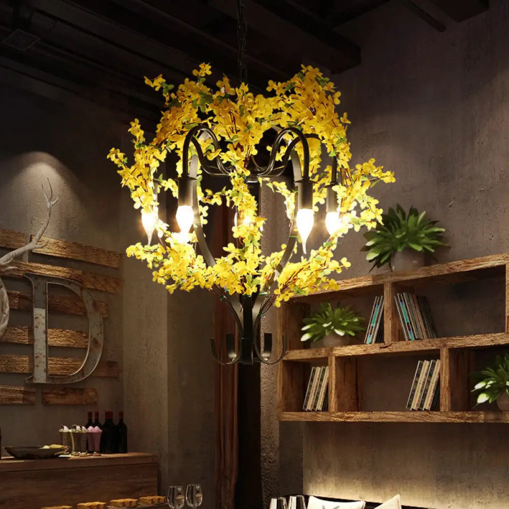 Industrial Yellow Metal Chandelier Light - 5 Heads Lantern Ceiling Pendant With Flower Decoration