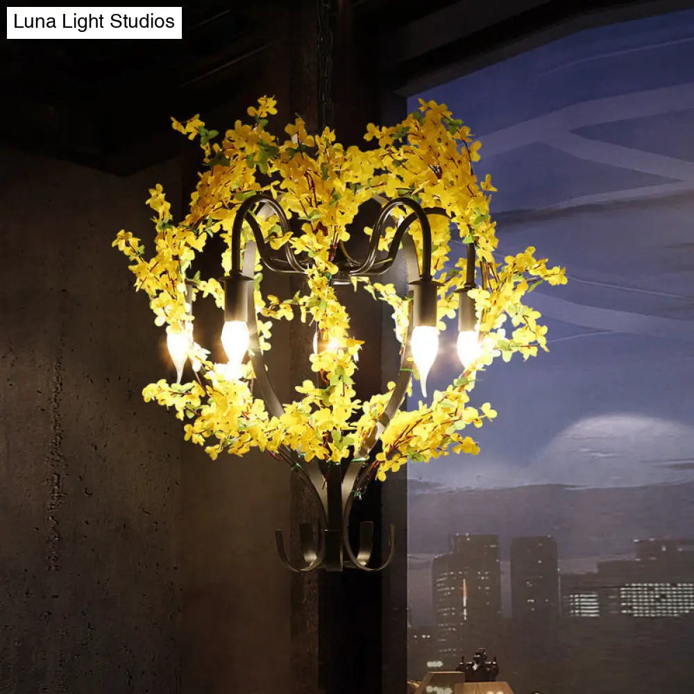 Industrial Yellow Metal Chandelier Light - 5 Heads Lantern Ceiling Pendant With Flower Decoration