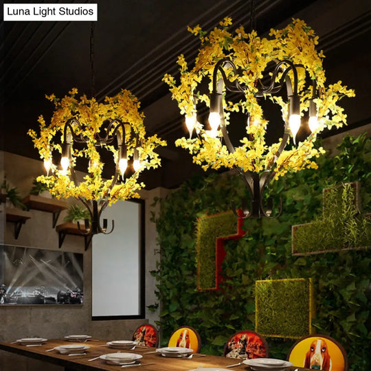 Industrial Yellow Metal Chandelier Light - 5 Heads Lantern Ceiling Pendant With Flower Decoration