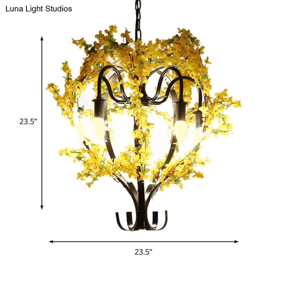 Industrial Yellow Metal Chandelier Light - 5 Heads Lantern Ceiling Pendant With Flower Decoration