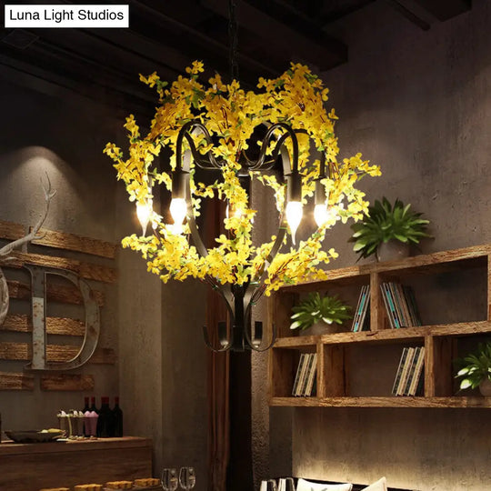 Industrial Yellow Metal Chandelier Light With 5 Heads & Flower Decoration