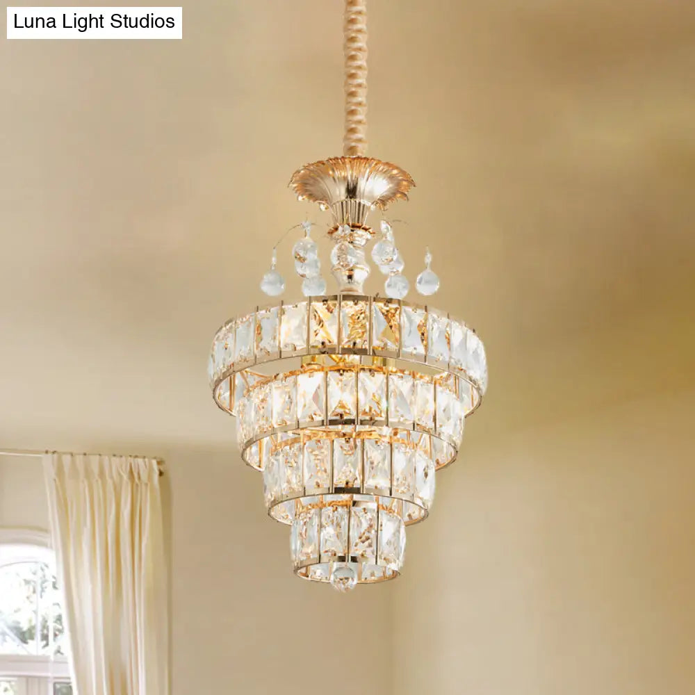 Inlaid Beveled Crystal Pendant: Gold Drop Ceiling Lamp With Traditional Suspension