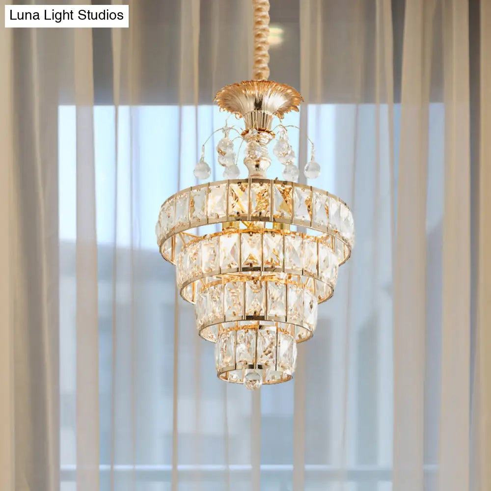 Inlaid Beveled Crystal Pendant: Gold Drop Ceiling Lamp With Traditional Suspension