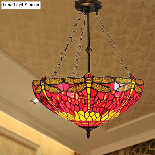 Inverted Pendant Lamp - Dragonfly Tiffany Rustic Stained Glass Chandelier (Red/Blue 3 Lights) Red