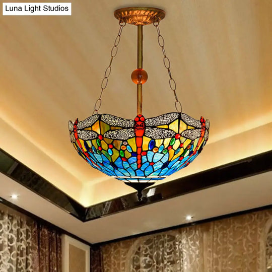 Inverted Dragonfly Tiffany Pendant Lamp - Rustic Stained Glass Chandelier With 3 Lights In Red/Blue