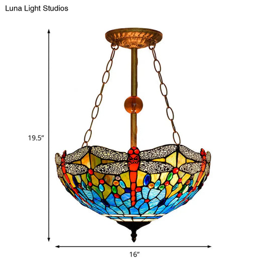 Inverted Dragonfly Tiffany Pendant Lamp - Rustic Stained Glass Chandelier With 3 Lights In Red/Blue