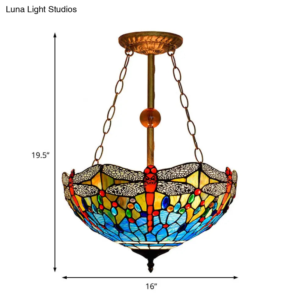 Inverted Pendant Lamp - Dragonfly Tiffany Rustic Stained Glass Chandelier (Red/Blue 3 Lights)