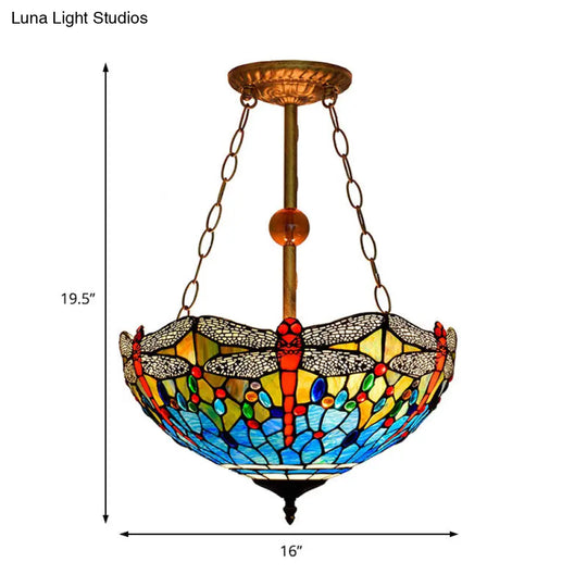 Inverted Pendant Lamp - Dragonfly Tiffany Rustic Stained Glass Chandelier (Red/Blue 3 Lights)