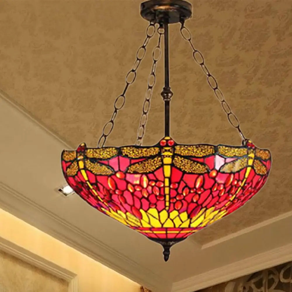 Inverted Dragonfly Tiffany Pendant Lamp - Rustic Stained Glass Chandelier With 3 Lights In Red/Blue