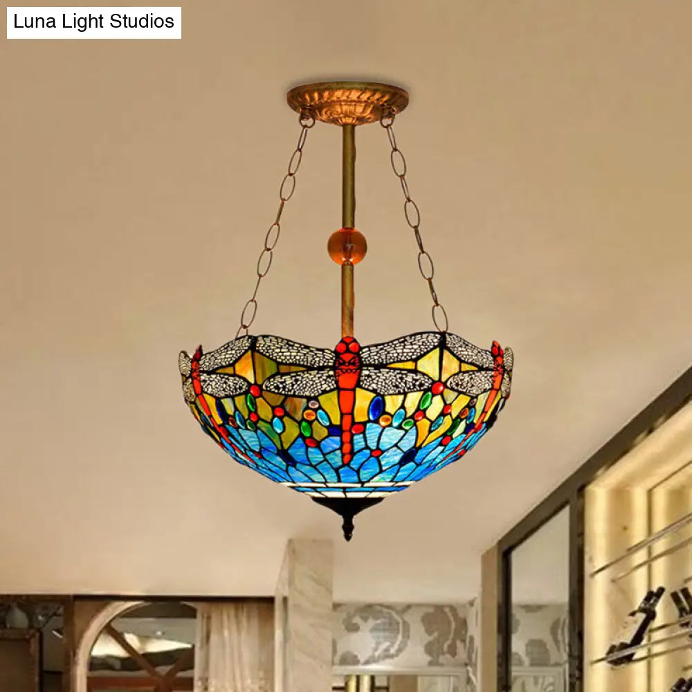 Inverted Pendant Lamp - Dragonfly Tiffany Rustic Stained Glass Chandelier (Red/Blue 3 Lights) Blue