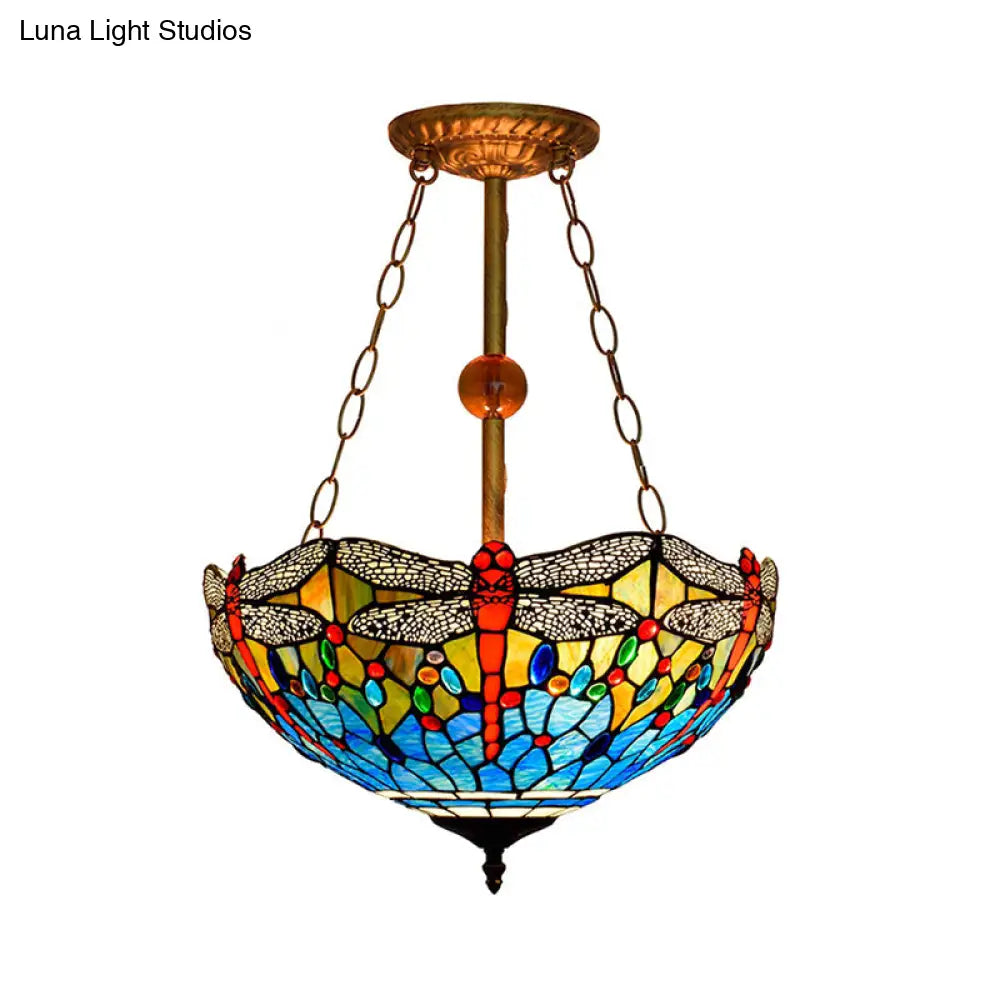 Inverted Dragonfly Tiffany Pendant Lamp - Rustic Stained Glass Chandelier With 3 Lights In Red/Blue