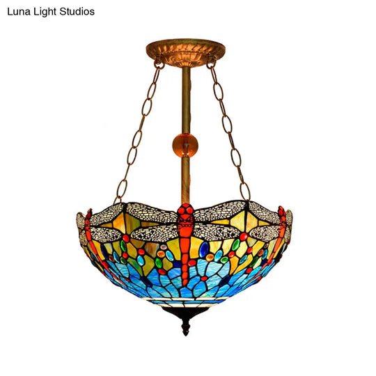 Inverted Dragonfly Tiffany Pendant Lamp - Rustic Stained Glass Chandelier With 3 Lights In Red/Blue