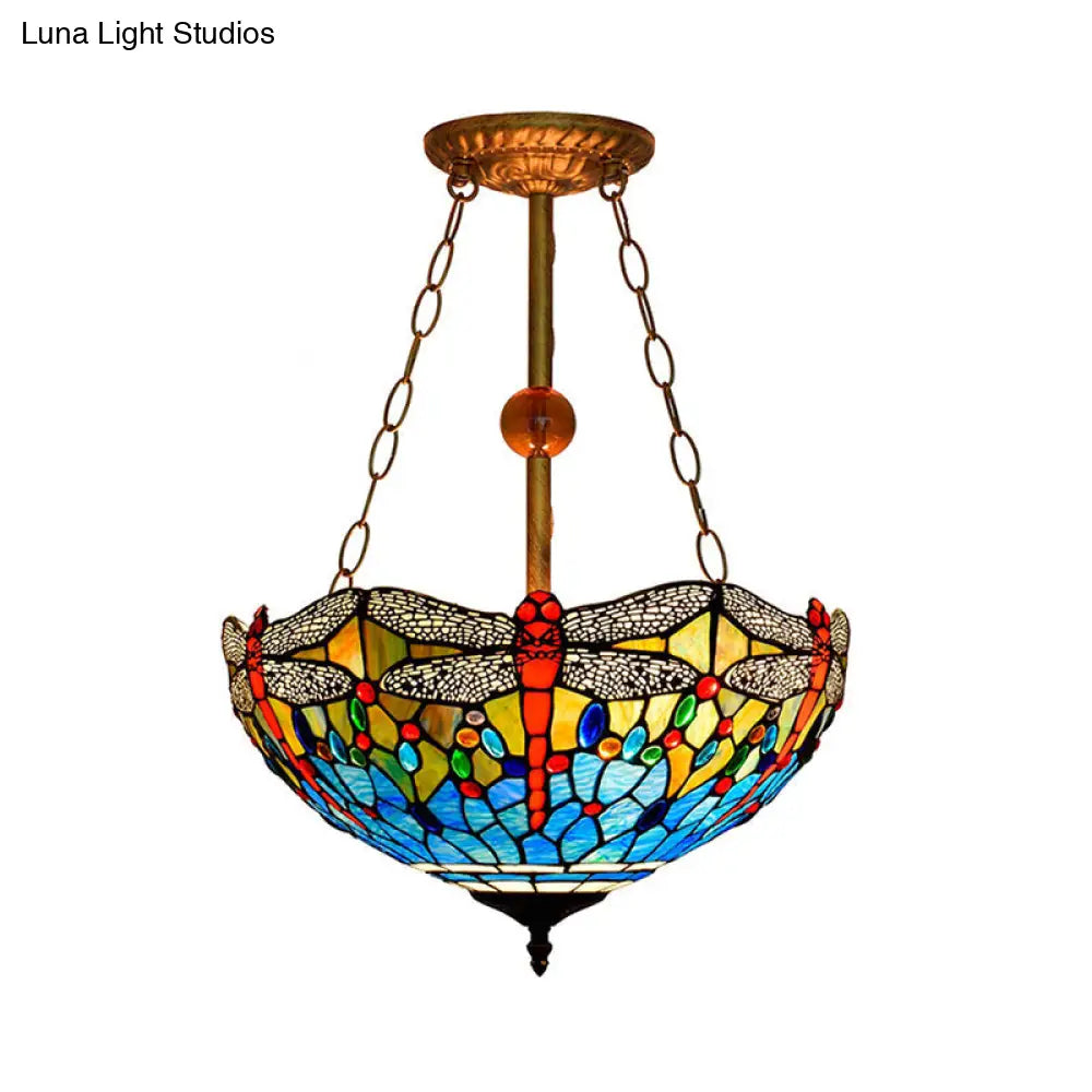 Inverted Pendant Lamp - Dragonfly Tiffany Rustic Stained Glass Chandelier (Red/Blue 3 Lights)